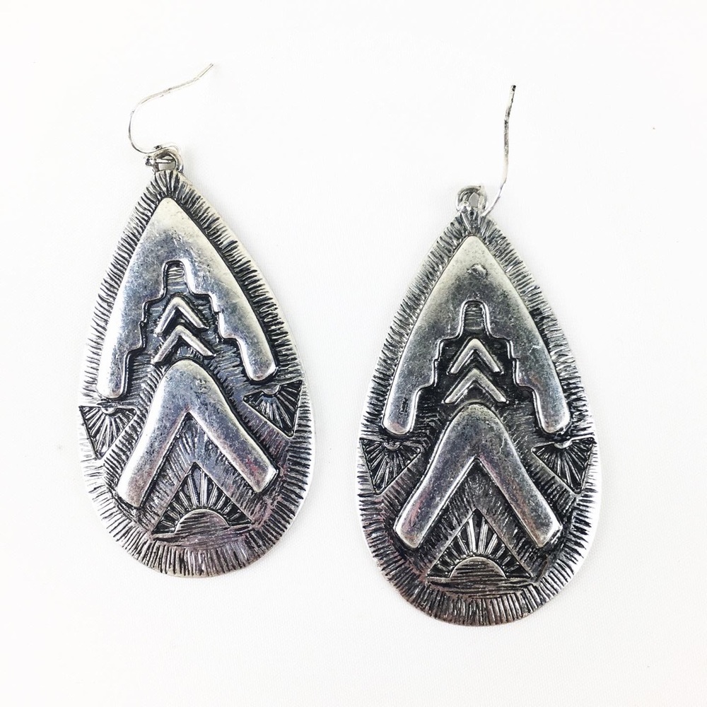 Silver-Tone Teardrop Tribal Pattern Earrings